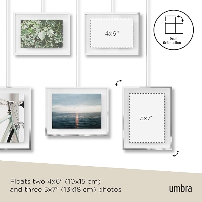 Umbra Exhibit Adjustable Photo Display – DIY Collage Set Mounts in Various Layouts Horizontally and at Different Angles - Holds 5 Picture Frames for Photos, Prints, Artwork and More, 4 by 6 inch and 5