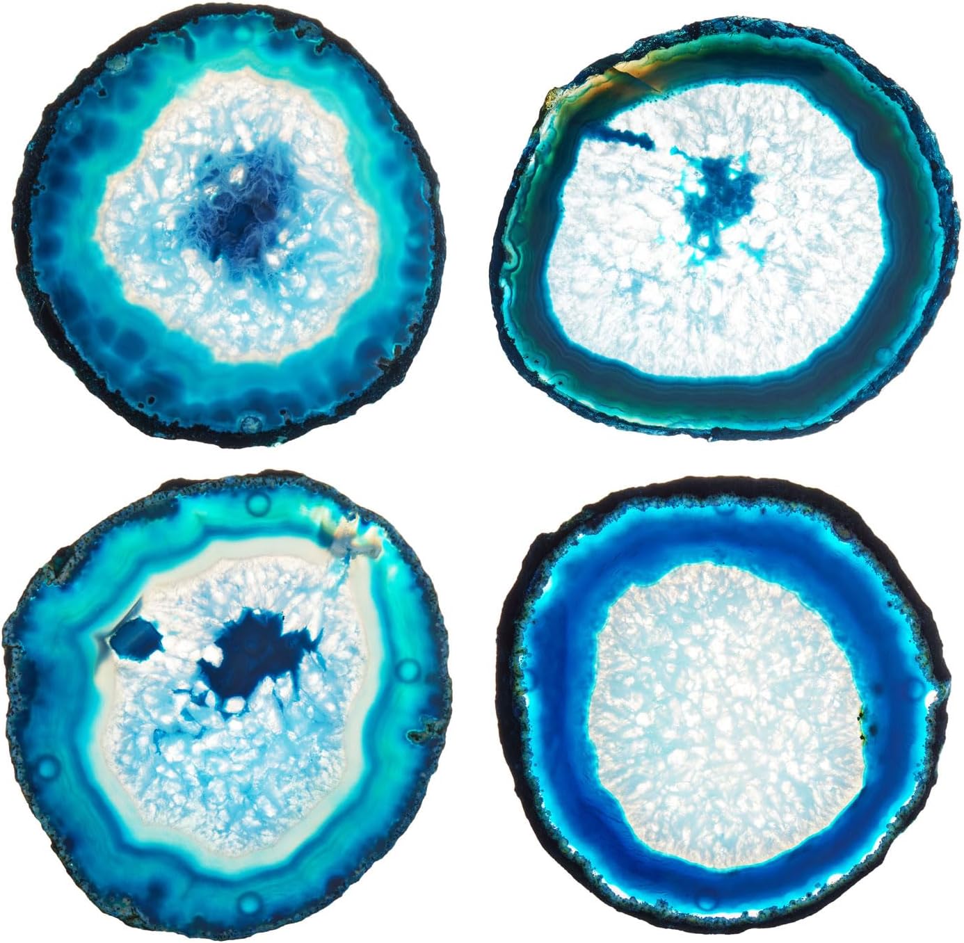 Luxury Lane Set of 4 Large Natural Brazilian Agate Slice Geode Rock Stone Drink Coasters with Wood Holder 4.3-4.7 inch Centerpiece Table Decoration, Ocean Blue