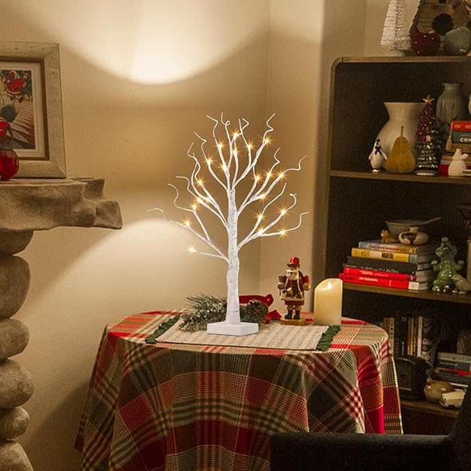 Vanthylit Lighted Tree, White Birch Tree with LED Lights, Prelit Artificial Tree with Timer, Centerpiece Tree Light for Christmas Decorations, Light Up Tabletop Tree Home Decor (2 FT, Warm White)