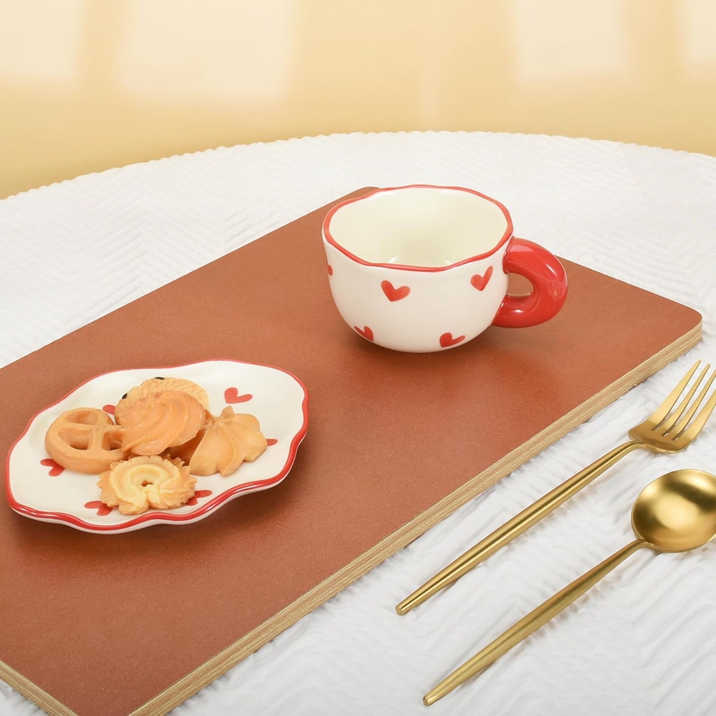 Koythin Ceramic Coffee Mug Saucer Set, Cute Creative Cup with Heart Pattern Saucer Design for Office and Home, Dishwasher and Microwave Safe, 6 oz/180 ml for Latte Tea Milk (Red Heart)