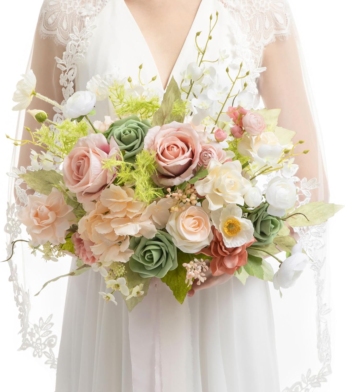 Ling's moment Coral Pink Wedding Bouquets for Bride, Blush Garden Bridal Bouquets for Bride, 13 Inch Free Form Artificial Wedding Flower Bouquet