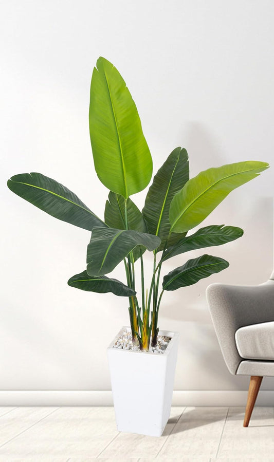 Bird of Paradise Artificial Plant 5FT, Faux Tropical Palm Tree with White Tall Planter, Large Fake Plants in Pot - Artificial Tree for Home Office Living Room Decor Indoor