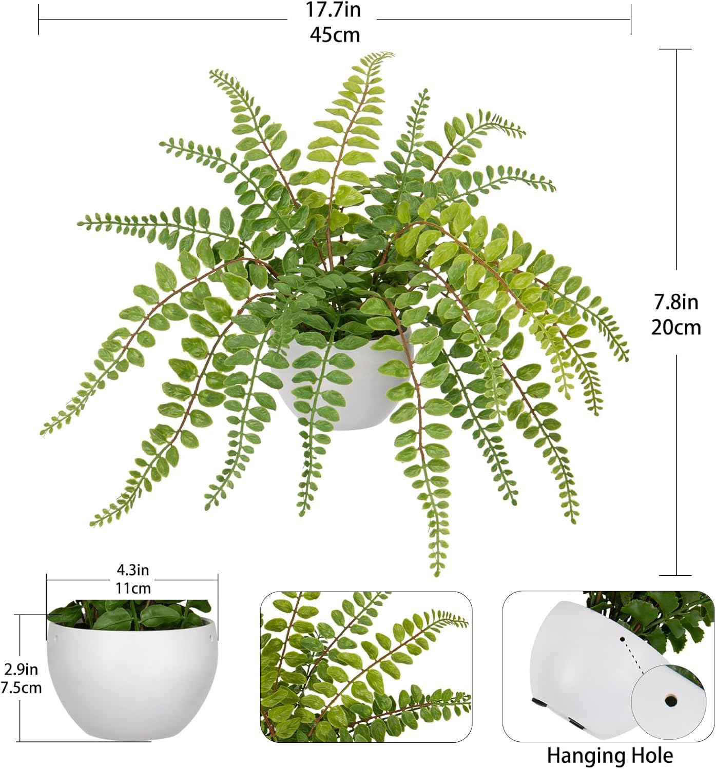 Hollyone Artificial Fern Potted Plant for Outdoors Indoors - Lifelike Faux Boston Fern in White Pot for Garden, Patio, Home, Farmhouse, Windowsill, Office, Living Room, Desk Decoration