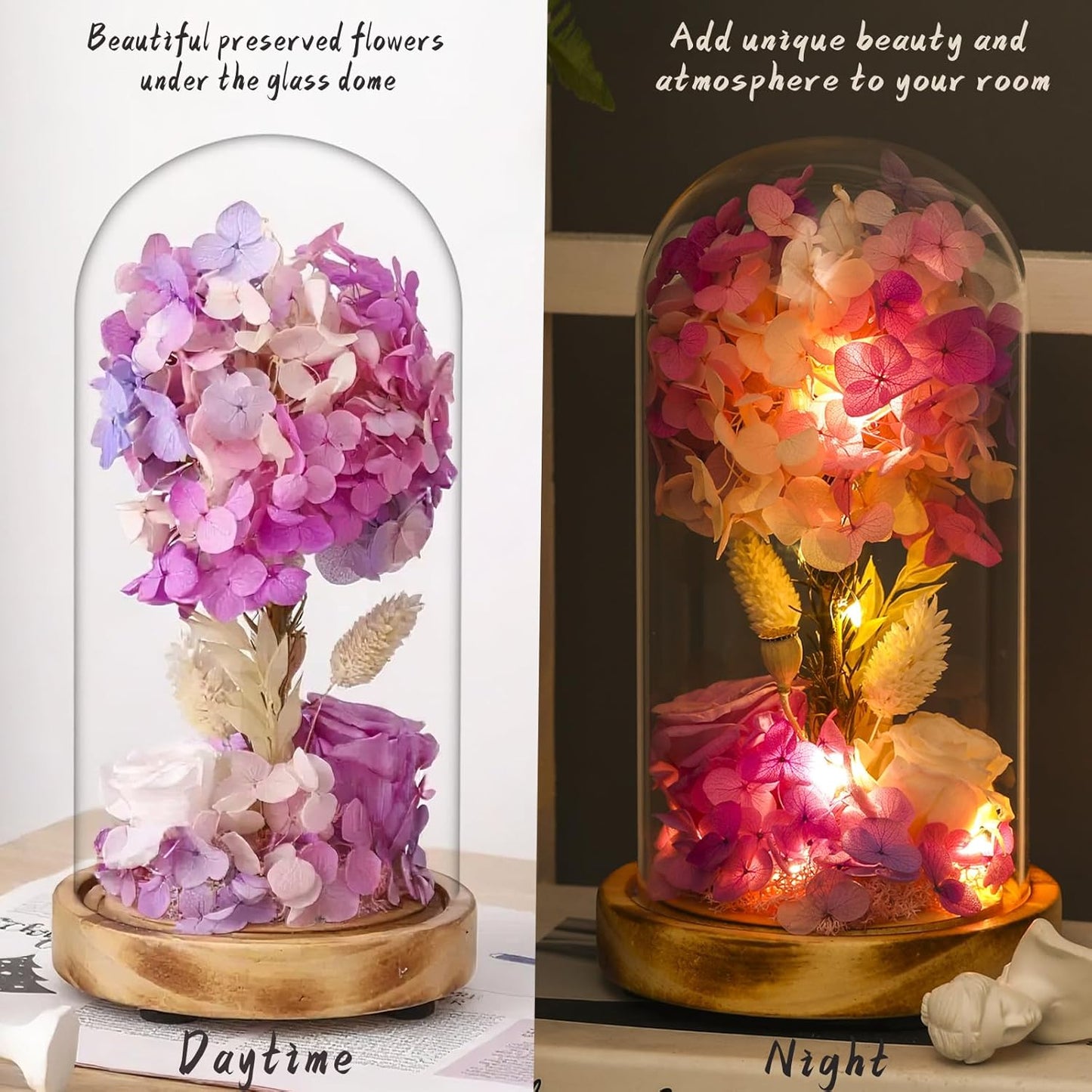 dranmoner LED Illuminated Glass Dome with Preserved Pink Roses and Hydrangeas, 8 Inch Height, Battery Powered Floral Display with Wooden Base