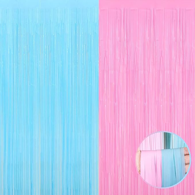 4 Pack Macaron Pink Blue Foil Fringe Curtain Backdrop, 3.28Ft x 9.8Ft Metallic Tinsel Foil Fringe Streamers for Photo Booth, Wedding Gender Reveal Backdrop Boy or Girl Birthday Party Decoration
