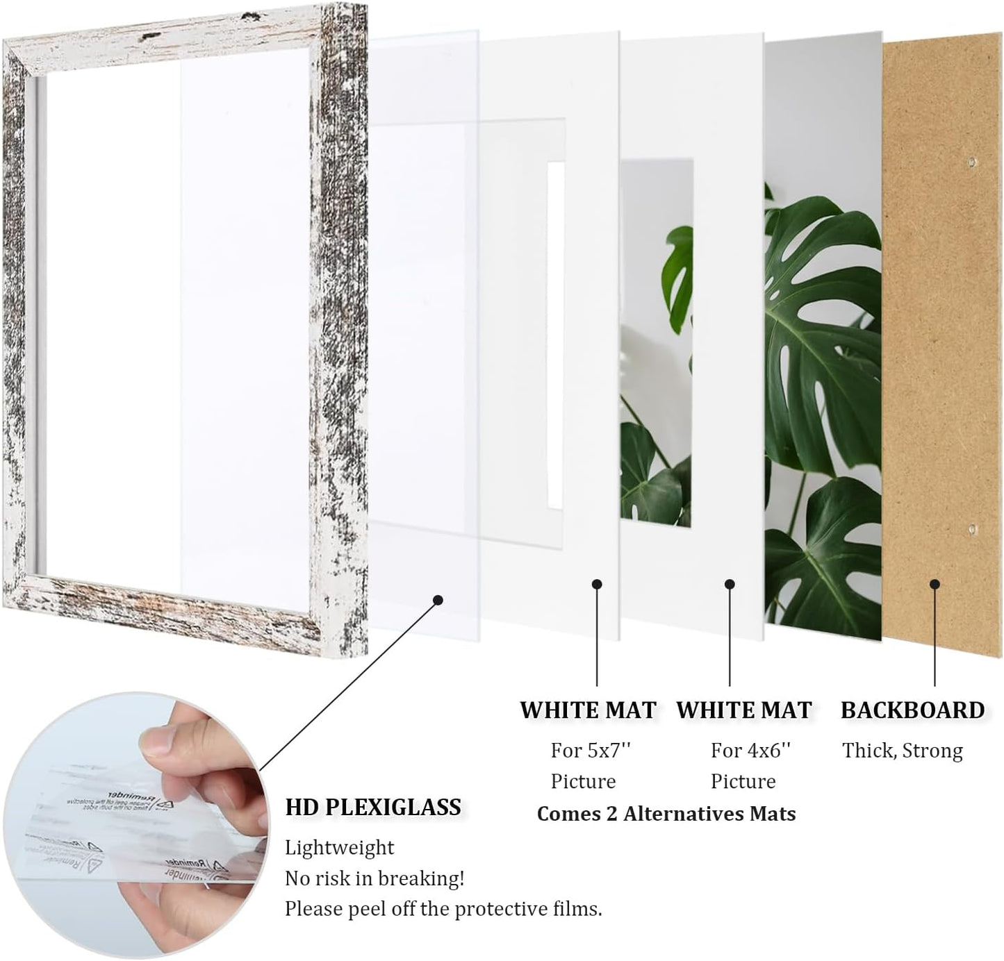 Egofine 8x10 Picture Frames Set of 4, Made of Solid Wood Covered by Plexiglass 4x6 and 5x7 with Mat or 8x10 without Mat, for Table Top Display and Wall Mounting Photo Frame Rustic White