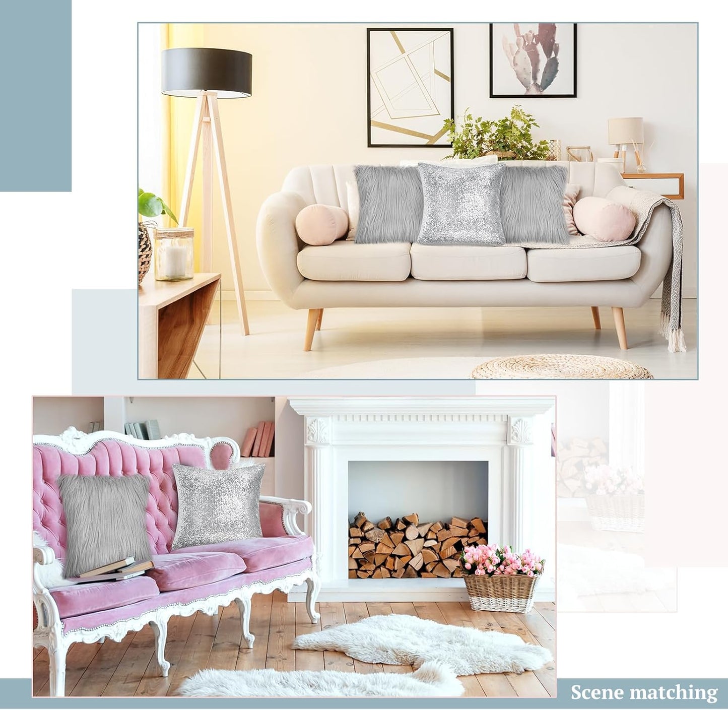 Irenare 4 Pcs Sequin and Fluffy Pillow Covers Winter Throw Pillow Cases Soft Cushion Cover for Couch Bed Sofa Xmas Day(18 x 18 Inch,Silver, Gray)