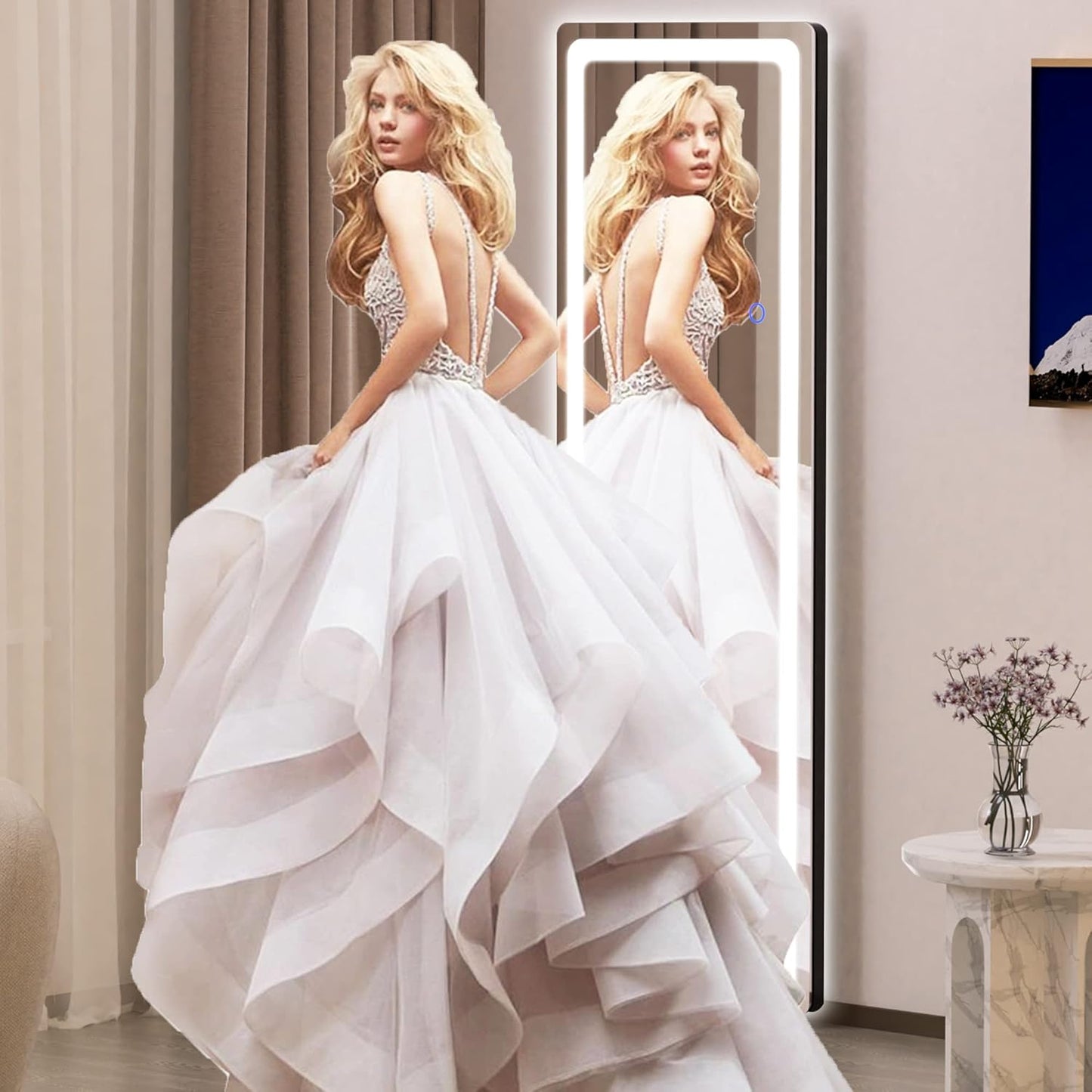 Hasipu Full Length Mirror with Lights, 56" x 16" LED Floor & Wall Mounted, Full Body Dressing Mirror for Bedroom, Living Room, Cloakroom – Round Black