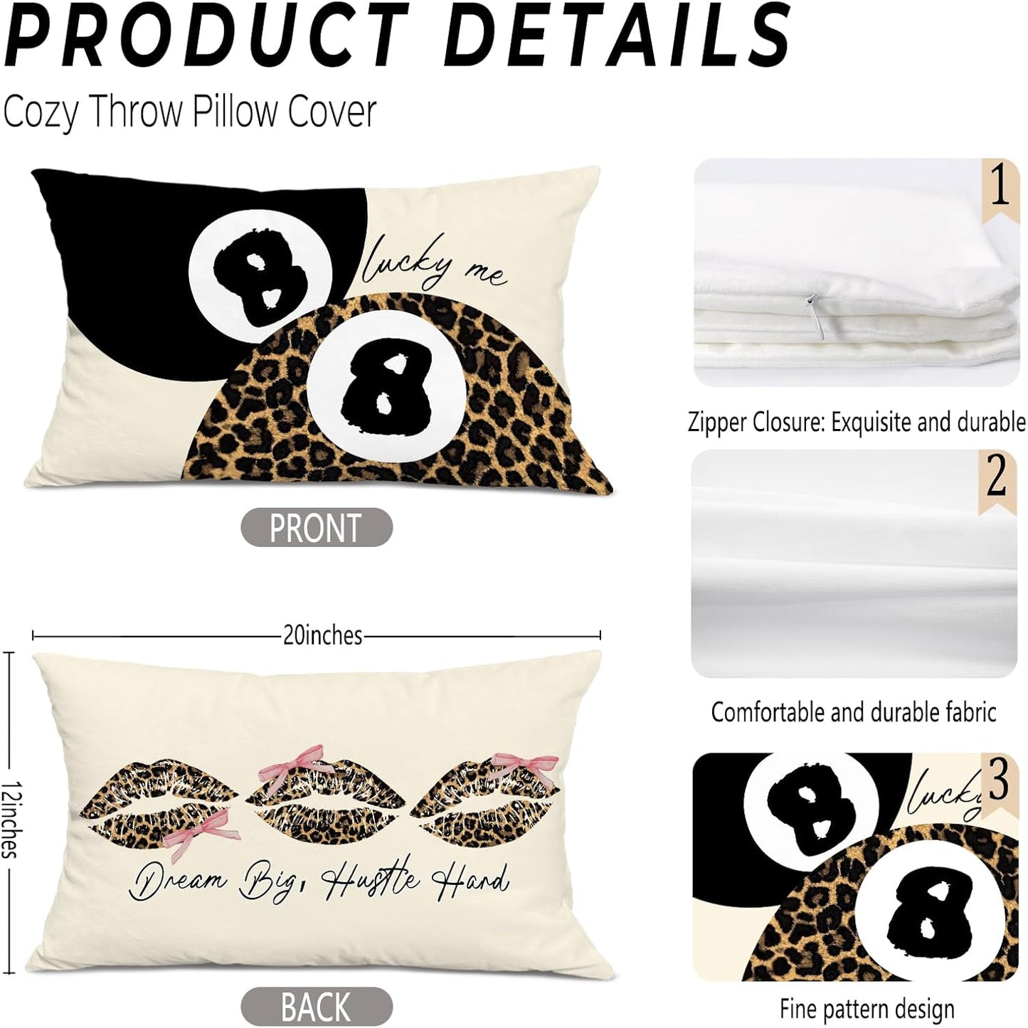 Coquette Pink Bow Leopard Print Lips Lucky 8 Ball Throw Pillow Covers 20x12, Cheetah Print Room Decor, Funky Y2K Leopard Decorative Pillow Covers for Girls Room Dorm Apartment Home