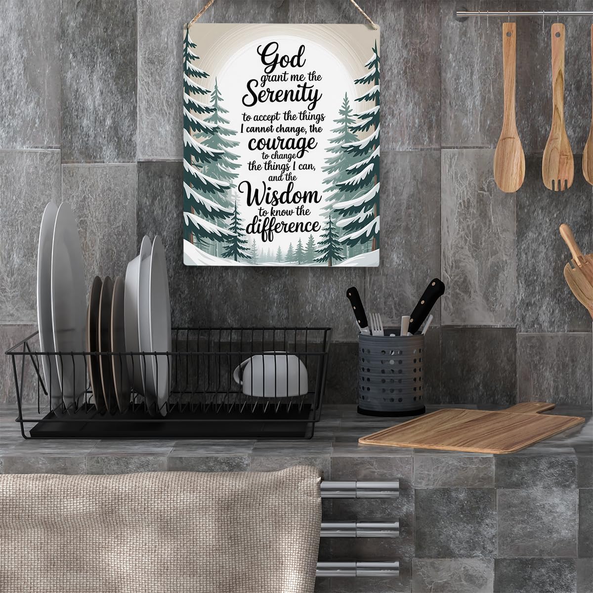 God Grant Me The Serenity, Bible Verses Winter Decor sign, Christian Prayer Room Wall Art Wooden Hanging Plaque 10 x 8 Inch, for Office Bedroom Living Room Home Decor