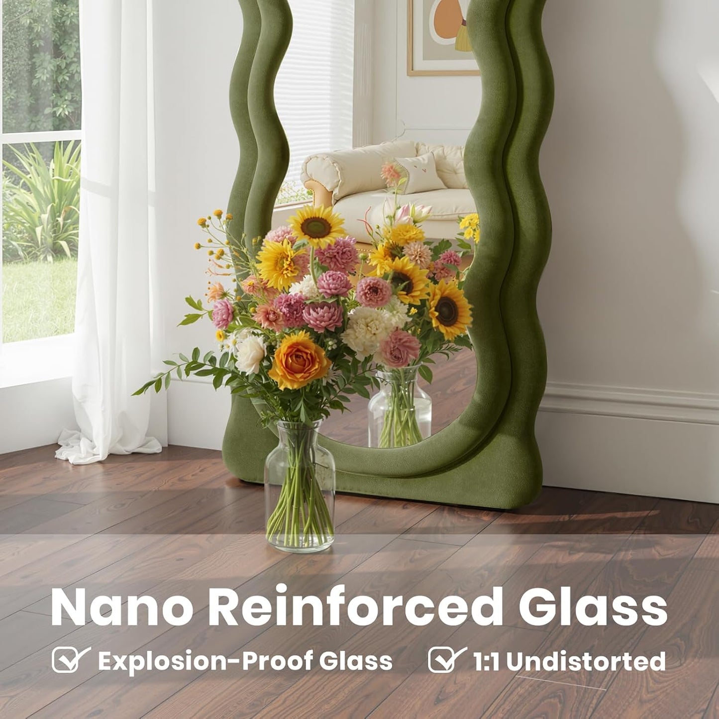 Full Length Mirror 71"x30" Irregular Wavy Full Body Wall Mounted Floor Mirror with Stand Green Flannel Frame Leaning Hanging Wall for Bedroom Entrance Hallway