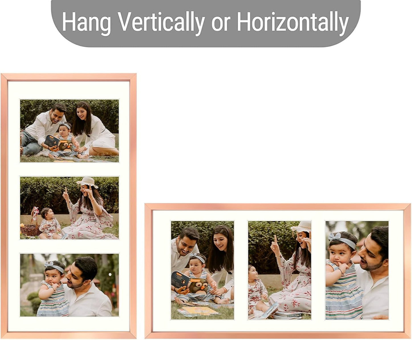 Frametory - 7x14 Aluminum Collage Picture Frame - Display 4x6 Pictures with 3 Openings Mat - Real Glass Front - Horizontal/Vertical Wall Mount - Rose Gold 1 Pack