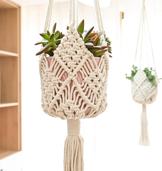 Hanging Planter with Patterns,2Packs Macrame Plant Hangers Indoor Macrame for up to 8 inch Pot Crochet Boho Plant Hanger Holder for Indoor Outdoor with 2S Shaped Stainless Steel Hooks (White)