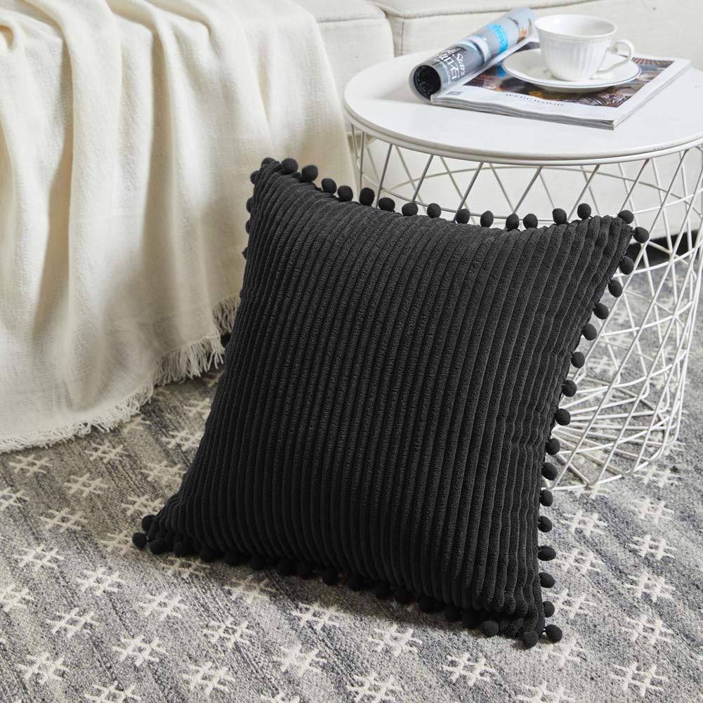 Fancy Homi Pack of 2 Soft Corduroy Decorative Throw Pillow Covers with Pom-poms, Solid Square Cushion Pillow Cases Set for Couch Sofa Bedroom Car Living Room (16x16 Inch/40x40 cm, Black)