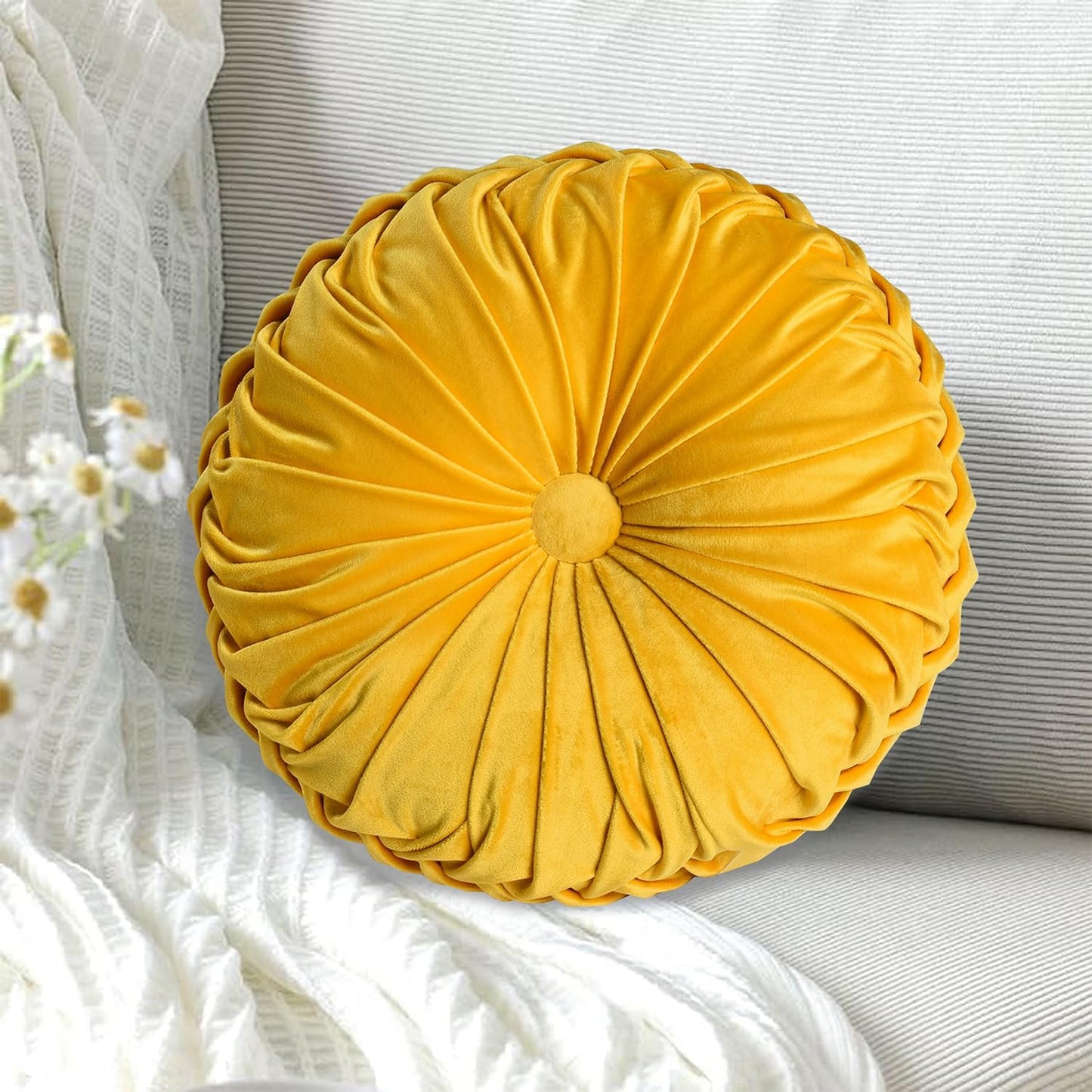 HIG Set of 2 Yellow Ruched Velvet Round Throw Pillows – 14.5’’ Decorative Pillows with Soft Polyester Filling for Couch, Bed, Living Room, Bedroom, or Dorm – Handmade, Stress Relieving, All-Season