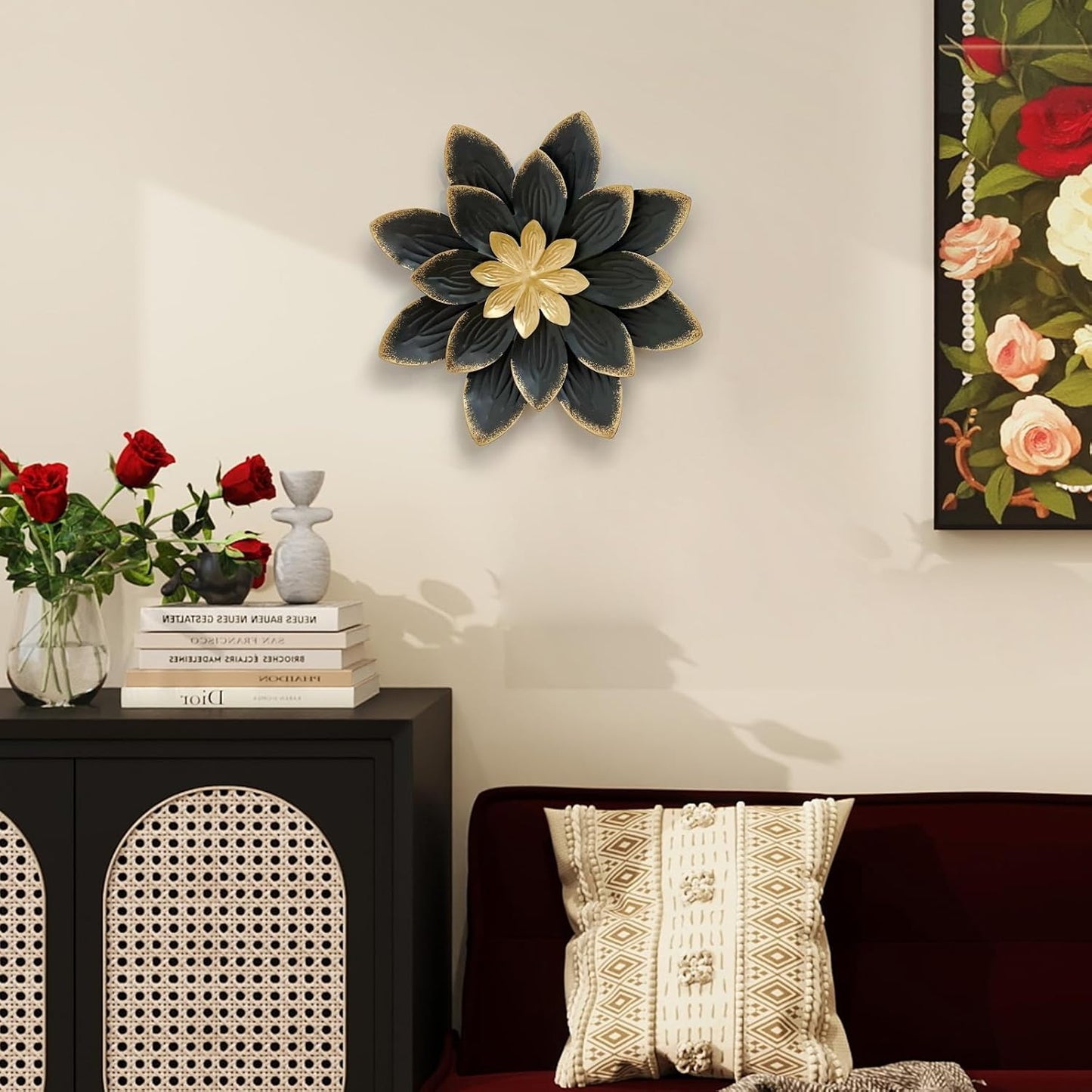 LIFFY 9.2“ Black and Gold Metal Flower Wall Art, Modern Rustic Floral Decor for Indoor Living Room Bedroom Office Outdoor Garden Patio Yard