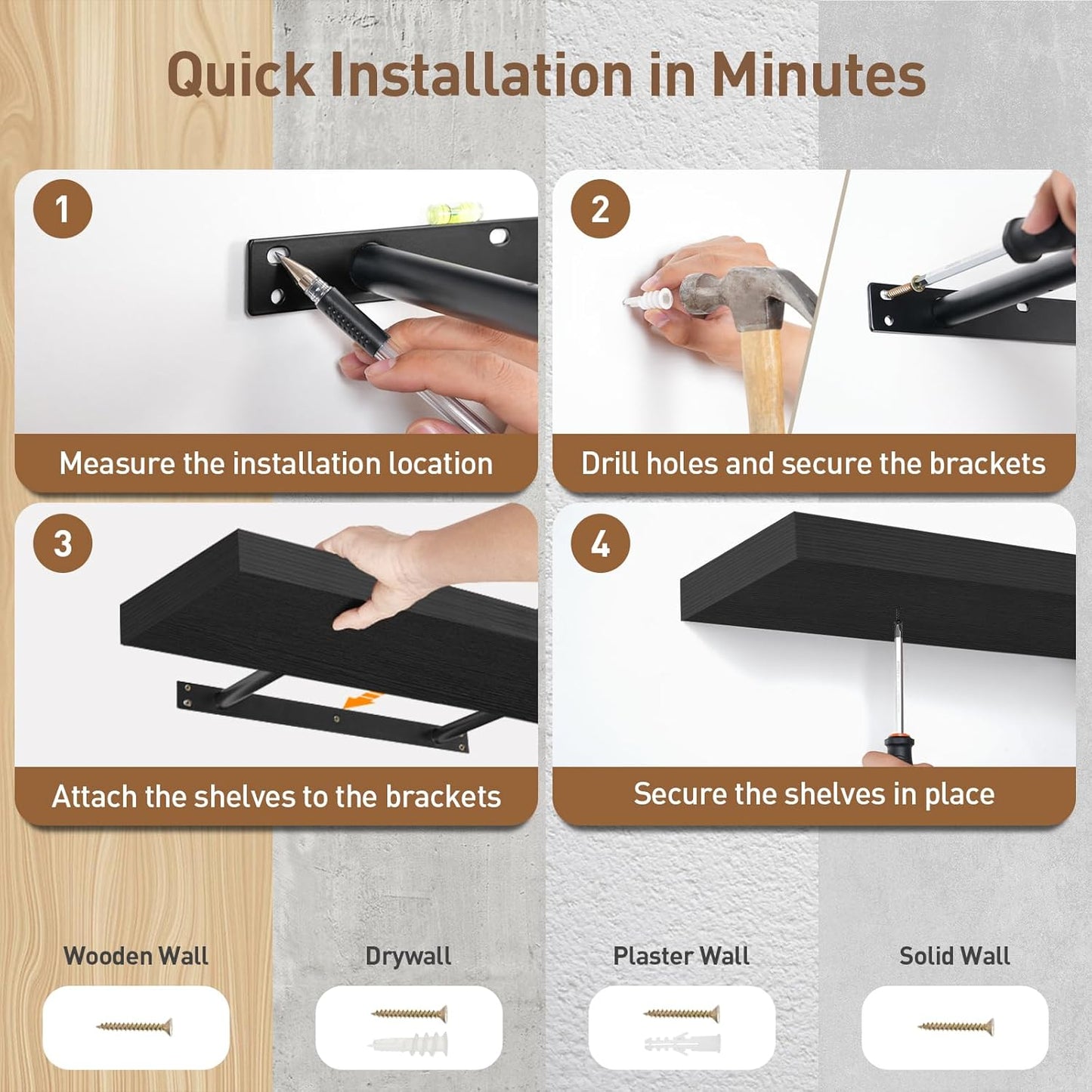 Floating Shelves for Wall, 1.5" Thick Wall Shelf Set of 3 with Invisible Brackets, L31.5 x W7.9 Hanging Book Shelves Farmhouse Home Decor for Bathroom, Living Room, Bedroom, Black 8301BJP3BK