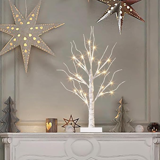 Vanthylit Lighted Tree, White Birch Tree with LED Lights, Prelit Artificial Tree with Timer, Centerpiece Tree Light for Christmas Decorations, Light Up Tabletop Tree Home Decor (2 FT, Warm White)