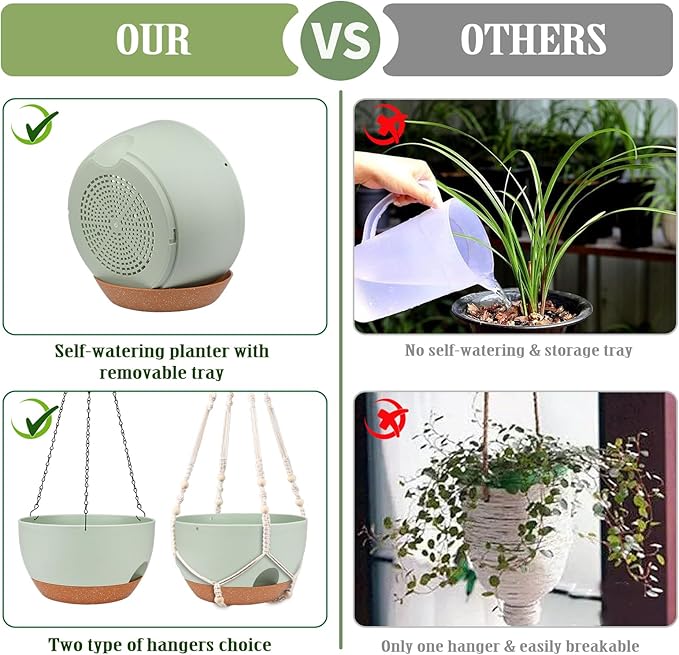 Hanging Planters for Outdoor Indoor Plants, 2 Pack 12 Inch Hanging Basket Plants Outdoor, Self Watering Hanging Planter with Plant Hanger for Garden Home Decoration (Green, 10 inch)