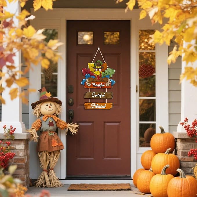 Thanksgiving Day Wood Door Hanger,Turcky Wall Sign,Fall Thankful Sign,Autumn Wooden Sign,Grateful for Harvest Wall Plaque,Thanksgiving Turkey Door Decorations for Home Porch Indoor Outdoor Party