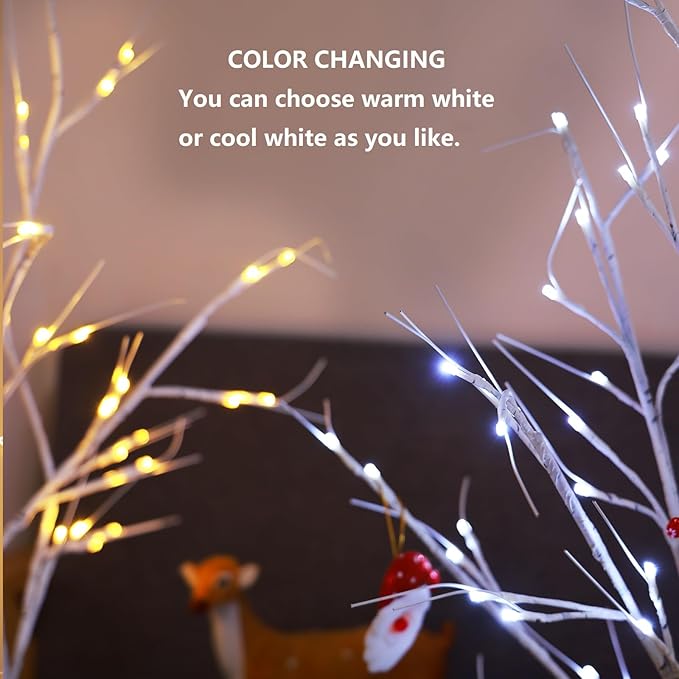 2-Pack 4FT Lighted Birch Tree (Higher Size & Floor Standing), 96 LED Color Changing Birch Christmas Tree Lights for Outdoor Christmas Decorations Indoor (Warm White ⇋ Cool White)