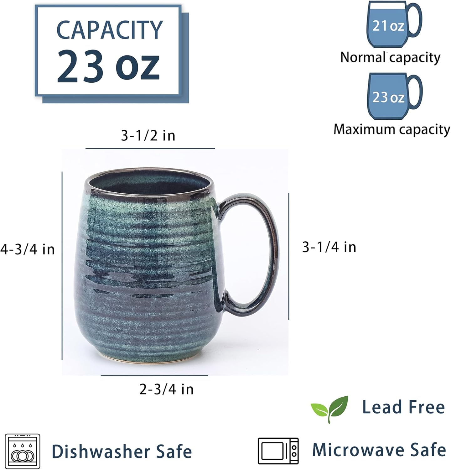 Large Coffee Mugs, Extra Large Ceramic Coffee Mug, 23 oz Handmade Pottery Mug, Big Tea Cups with Handle for Office and Home, Dishwasher and Microwave Safe (Green)