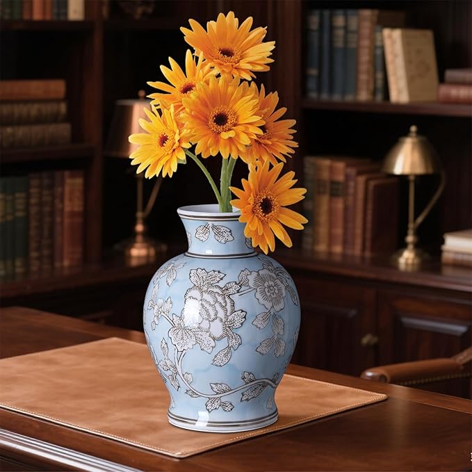 Vintage Chinoiserie Floral Ceramic Vase, Large Rustic Pottery Vases for Living Room, Entryway, Dining Table Centerpiece, Farmhouse Home Décor, Floor or Tabletop Flower Vase, (Blue)