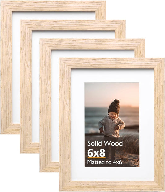 KINLINK 6x8 Picture Frame Natural, Solid Wood Frames with Acrylic Plexiglass for Pictures 4x6 with Mat or 6x8 without Mat, Tabletop and Wall Display Photo Frame, Set of 4