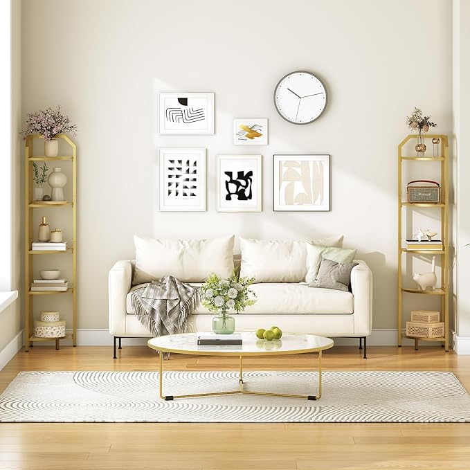 HOOBRO 5-Tier Corner Shelf Stand, Gold Corner Bookshelf, Tempered Glass Shelves, Bathroom Organizer, Corner Plant Stand, for Living Room, Study, Balcony, Home Office, Modern Style, Gold GD15CJ01