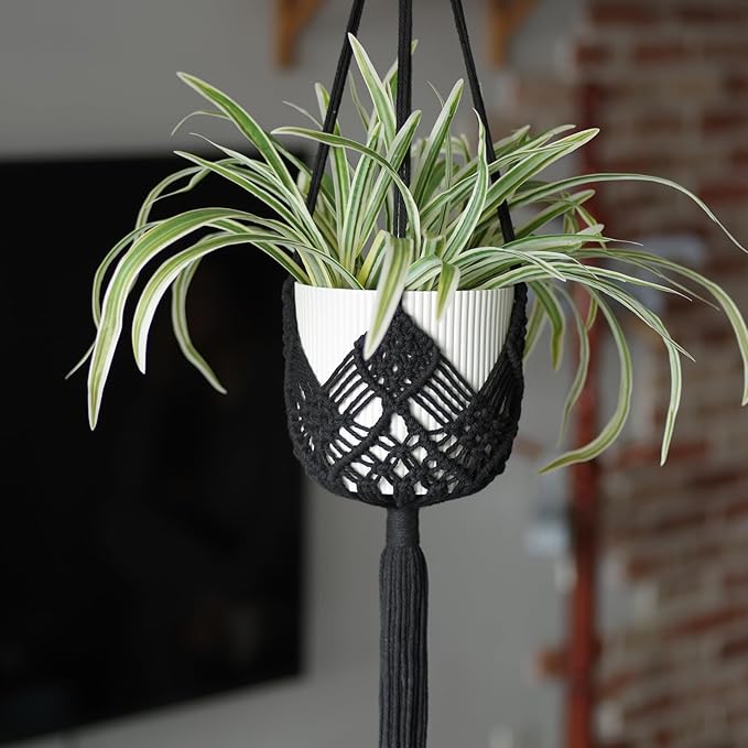 Hanging Planter with Patterns,2Packs Macrame Plant Hangers Indoor Macrame for up to 8 inch Pot Crochet Boho Plant Hanger Holder for Indoor Outdoor with 2S Shaped Stainless Steel Hooks (Black)