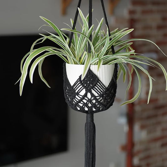 Hanging Planter with Patterns,2Packs Macrame Plant Hangers Indoor Macrame for up to 8 inch Pot Crochet Boho Plant Hanger Holder for Indoor Outdoor with 2S Shaped Stainless Steel Hooks (Black)