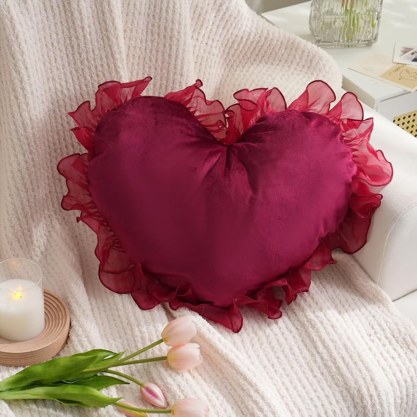 Love Heart Throw 20×16inch Pillow Faux Fur Heart Shaped Pillows Long Plush Throw Pillow Home Decoration Soft Floor Cushion Pillow Cushion for Bed Sofa Bay Window Wine Red