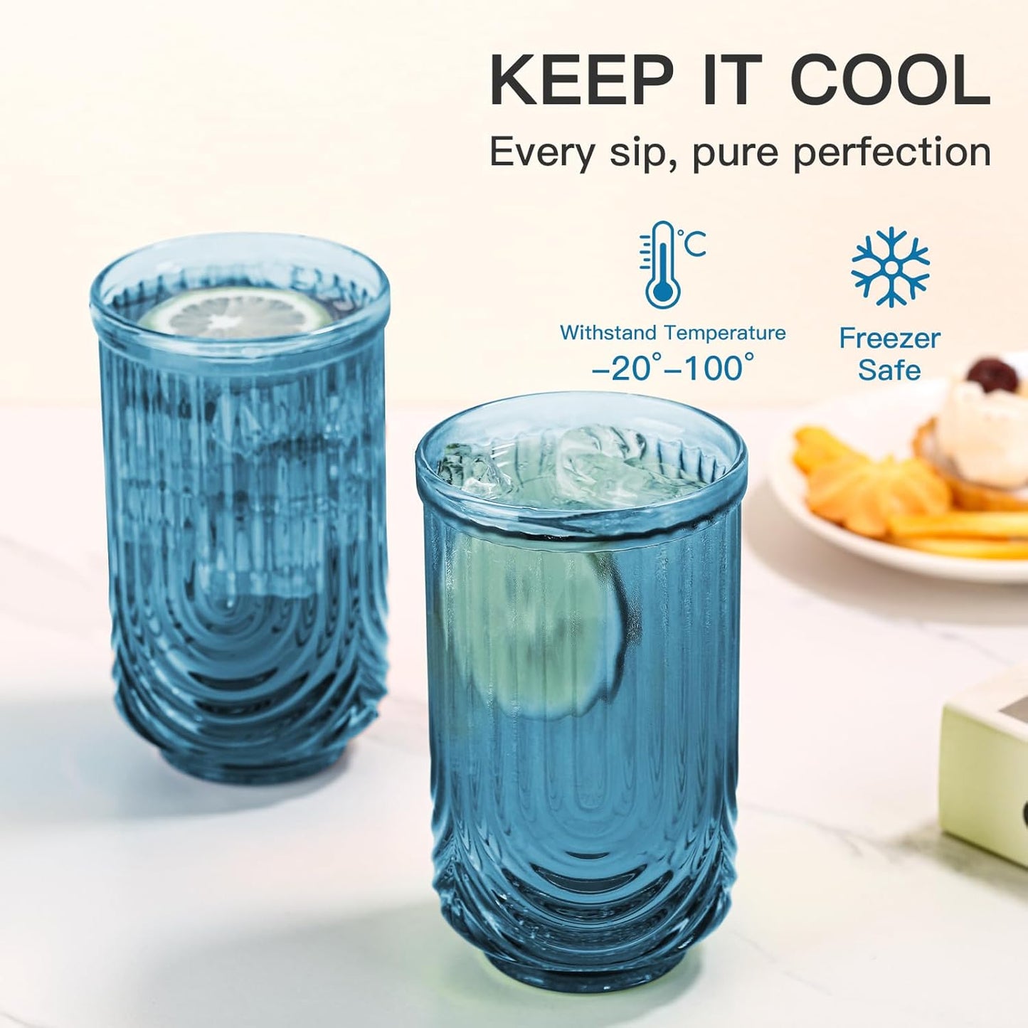 Blue Vintage Glassware Set of 6-17Oz Blue Water Drinking Glass, Art Deco Ripple Highball Glass, Whiskey Cocktail Glasses, for Bar Beverages Ice Coffee Juice, Housewarming Gifts