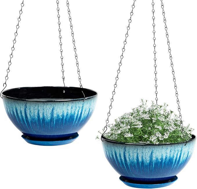 Hanging Planters for Indoor Outdoor Plants-2 Pack 10 inch Hanging Plant Pots with Drainage and Hanging Plant Holder, Hanging Planter for House Plants (Blue Flowing Glaze)