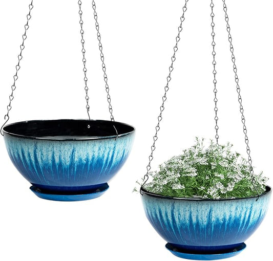 Hanging Planters for Indoor Outdoor Plants-2 Pack 10 inch Hanging Plant Pots with Drainage and Hanging Plant Holder, Hanging Planter for House Plants (Blue Flowing Glaze)