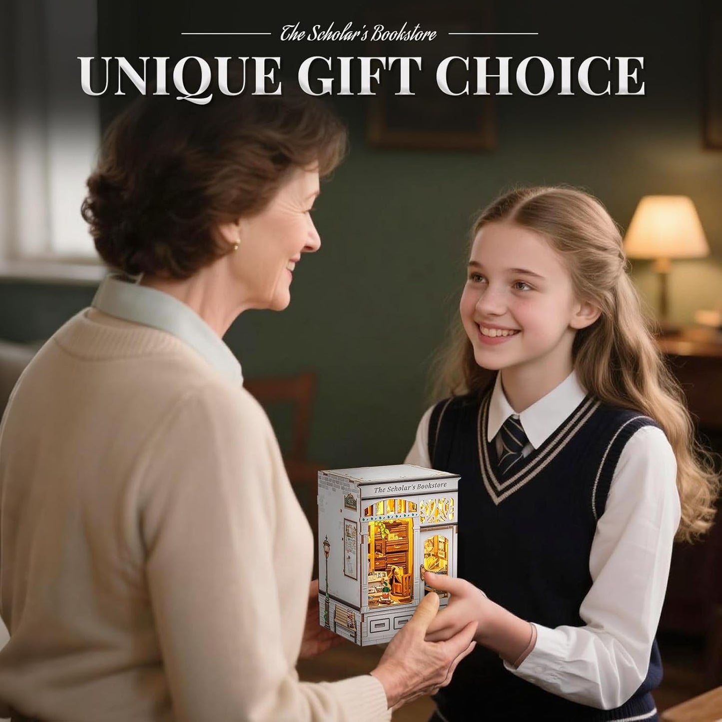 Cutefun Book Nook Kit - DIY Miniature Dollhouse Kit 3D Creative Decorative Bookend 3D Wooden Puzzle for Adults, Bookshelf Insert Library Decor with LED Light (The Scholar's Bookstore)