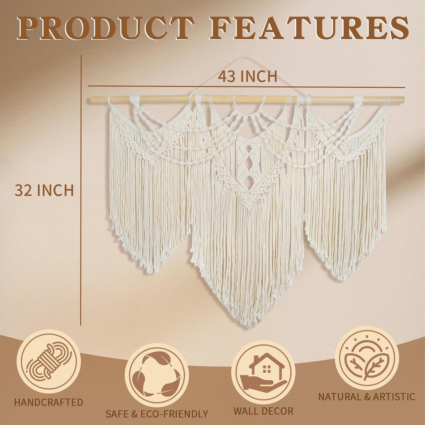 Gliterra Large Macrame Wall Hanging Handmade Boho Tapestry 43"x32" - Wall Art Decor for Living Room, Bedroom, Wedding (Cream)