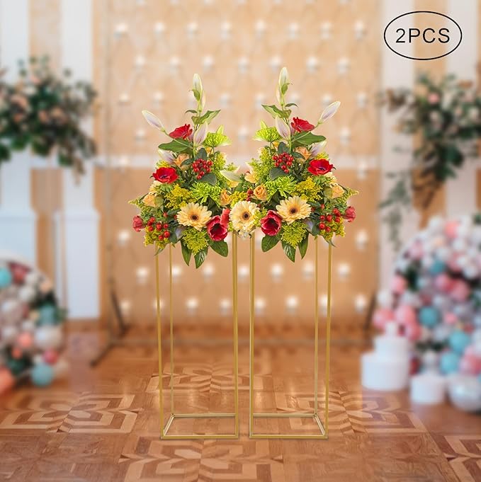 2 Pcs Metal Flower Stand for Wedding Centerpieces Stand Column Vases Wedding Flower Stand Rectangular Geometric Gold Centerpieces Stands for Wedding Decorations Home Party Event (2Pcs 31.49inch)