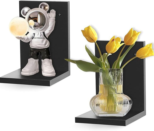 Small Wall Shelf,L-Shaped Small Floating Shelves for Plants Speaker Table Lamp Display,Wooden Ledges Indoor Modern Midcentury Decorative for Gallery Living Room Bedroom Porch,Pine,2 Pack(Black)