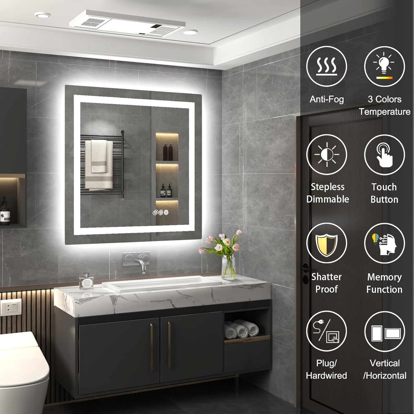 LED Mirror for Bathroom 36x36 Lighted Bathroom Vanity Mirrors with Lights, Brighter Frontlit and Backlit Anti-Fog Mirror, Tempered Glass, Dimmable 3 Colors Light Modes, Memory Function