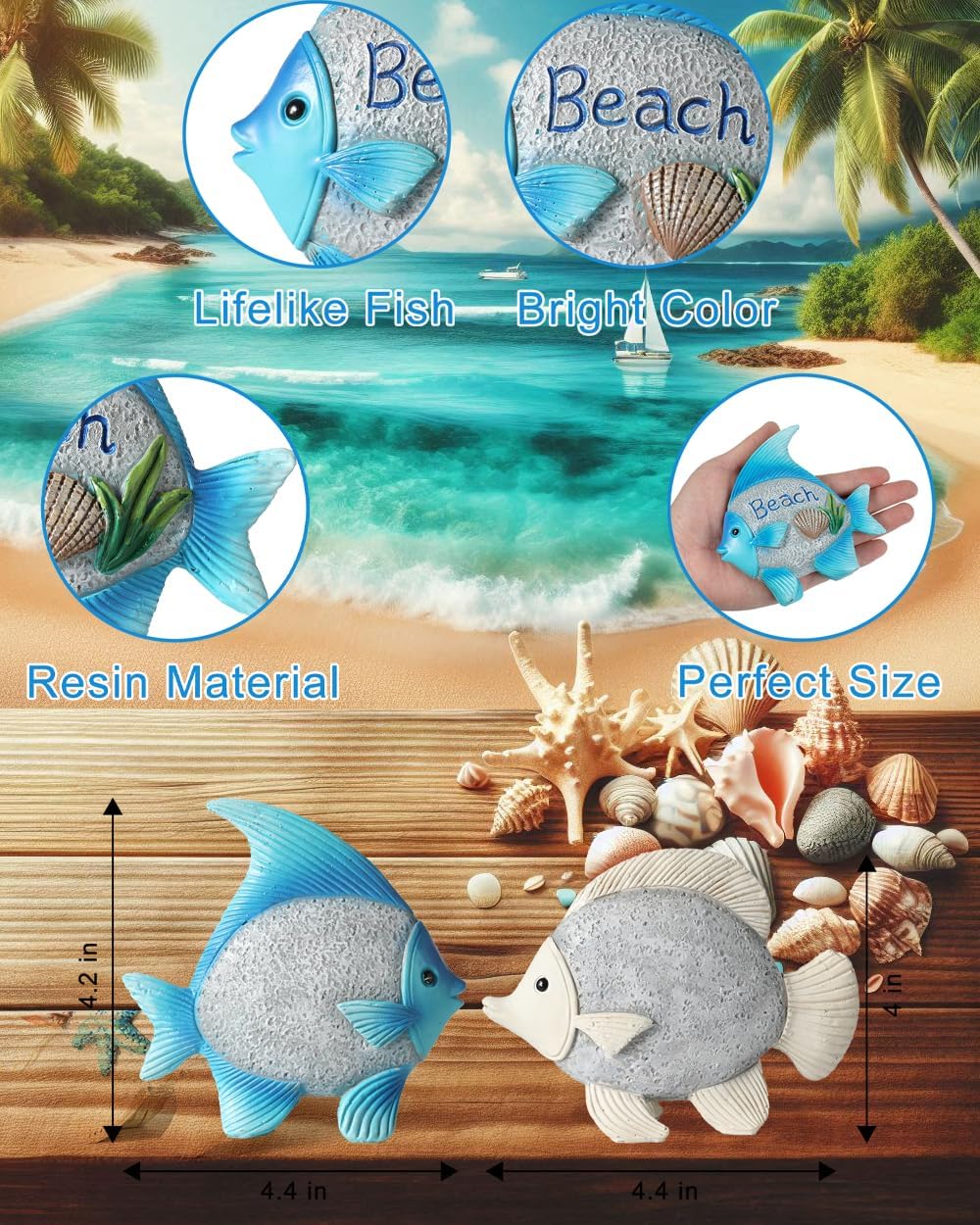 Coastal Charm Resin Fish Figurines - Set of 2 Decorative Relax & Beach Decor Nautical Themed 4.4'' Statues for Home Hotel (Fishes)