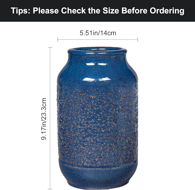 Blue Ceramic Vase for Home Decor, 9 Inch Modern Farmhouse Vase, Decorative Vases for Pampas Grass, Fireplace, Living Room, Bathroom, Tabletop, Kitchen, Office, Farmhouse Decor