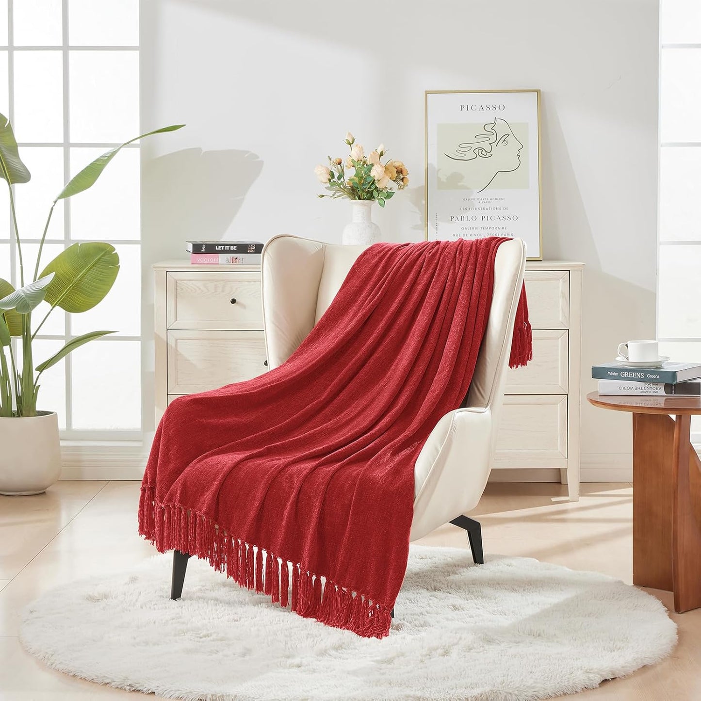 CozeCube Chenille Throw Blanket for Couch, Cozy Plush Fuzzy Decorative Christmas Red Blanket with Fringe Tassels, Lightweight Throws for Bed Sofa Gift Home Decor, 60"X80"