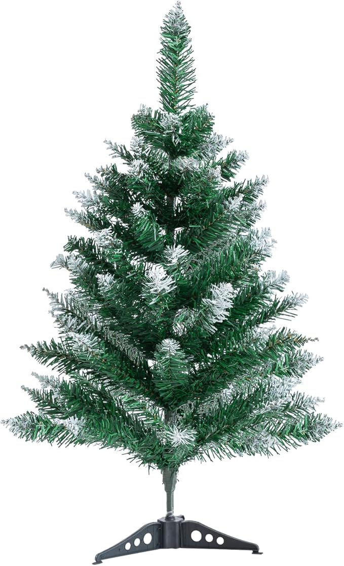 2Ft Artificial Christmas Tree Green Tabletop Christmas Tree with Flocking Snow Frost Tips Plastic Stand Mini Xmas Pine Tree for Party Supplies Indoor Outdoor Holiday Home Decoration