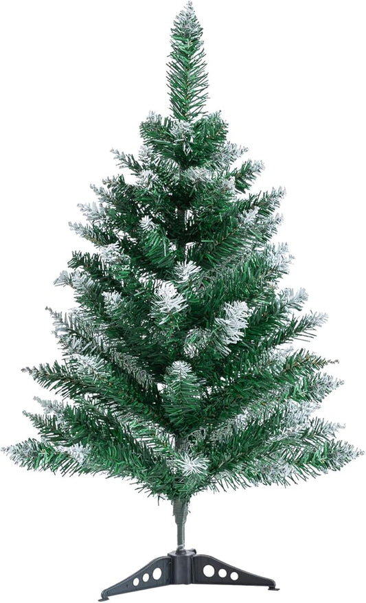 2Ft Artificial Christmas Tree Green Tabletop Christmas Tree with Flocking Snow Frost Tips Plastic Stand Mini Xmas Pine Tree for Party Supplies Indoor Outdoor Holiday Home Decoration