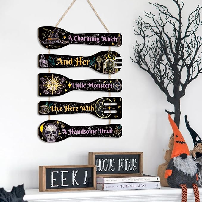 TOARTi Halloween Witch Kitchen Wood Wall Decor(11.4x17), Rustic Spoon Shaped Witchy Wall Art Hanging Sign, Gothic Aesthetic Witchcraft Wooden Plaque for Home Kitchen Front Porch Office Door