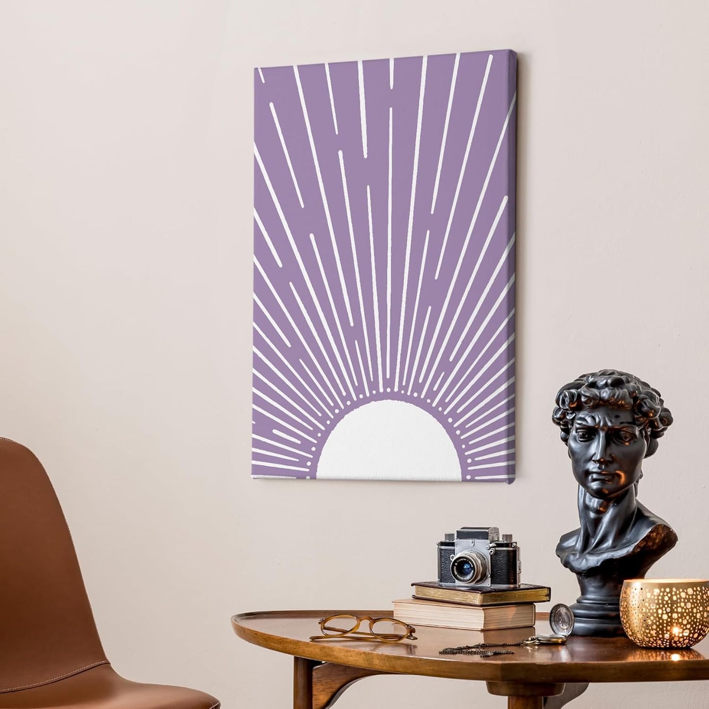 HIWX Vintage Abstract Boho Sun Framed Canvas Painting Wall Art Decor, Bohemia Boho Sunrise Sunshine Wall Art Artwork Home Decoration For Living Room Yoga Bedroom Bathroom 16x24 Inch（Purple）