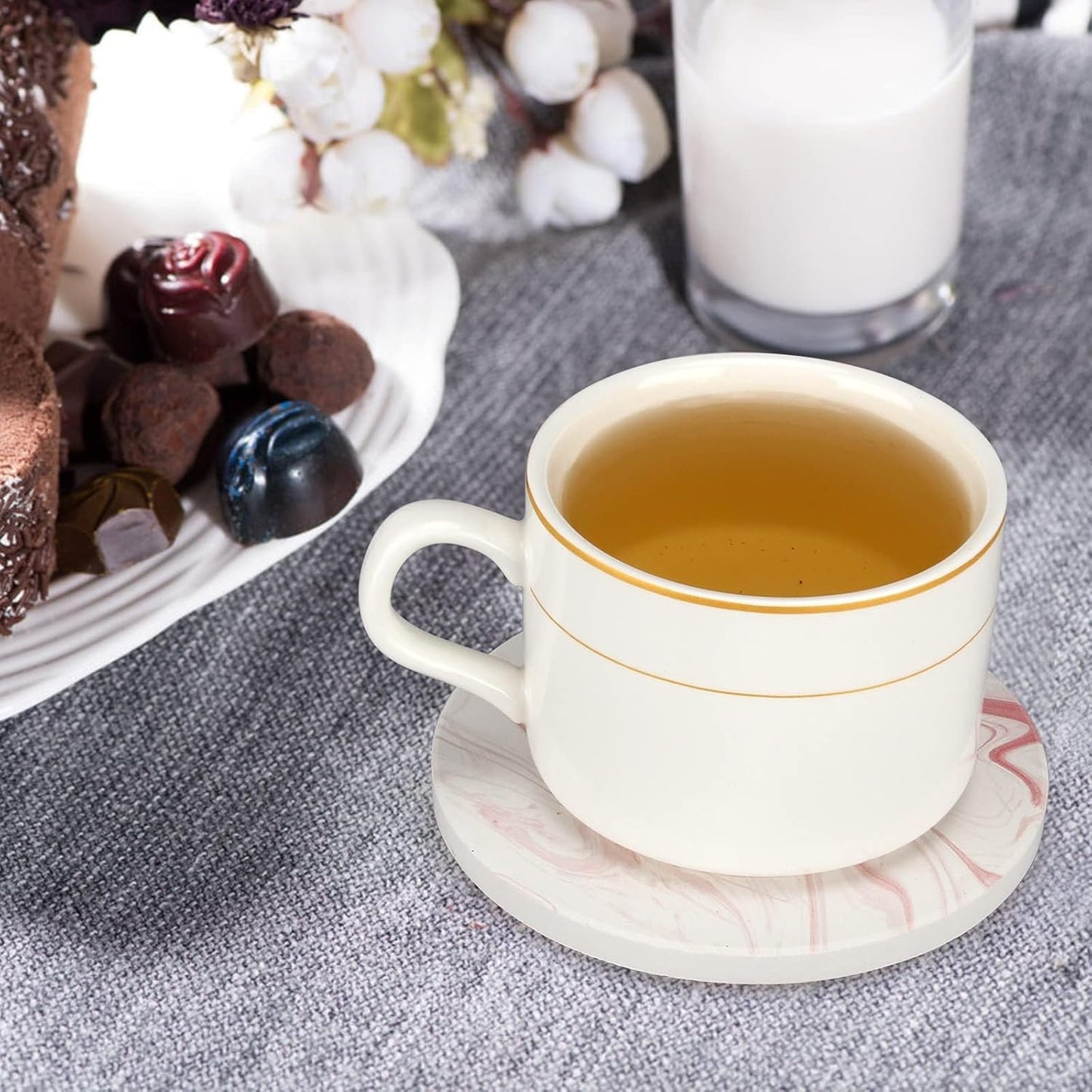 Cute Pink Marble Coasters Set of 6 Pack Stone Coffee Table Decor Absorbent Ceramic Cup Coaster with Holder Decorative Tea Bar Accessories Gift Kitchen Desk Coster Drink Modern Funny Aesthetic Coasters