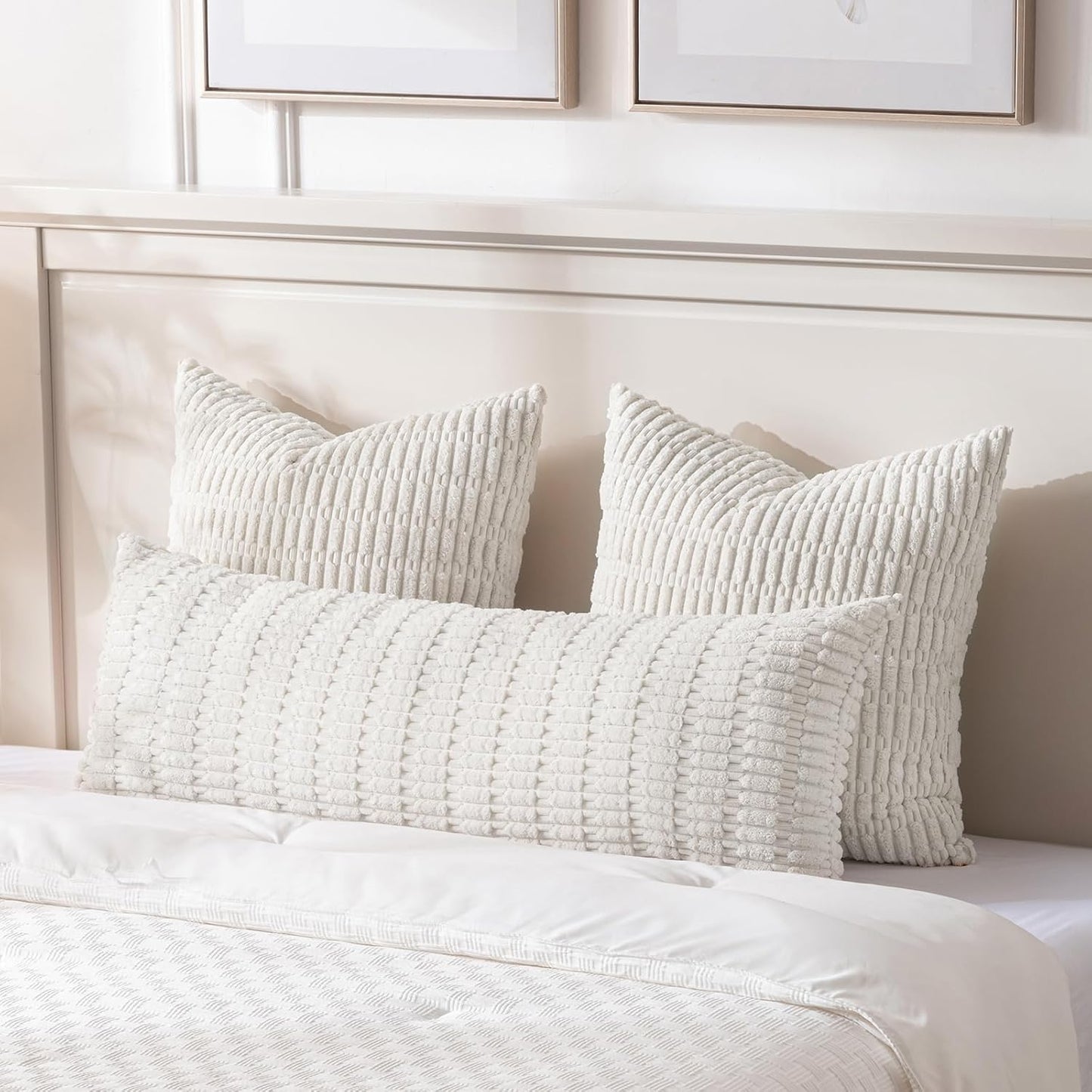 Fancy Homi Cream Boho Long Body Lumbar Decorative Throw Pillow Cover 14x36 Inch for Bed Couch Bedroom Bench, Soft Corduroy Rectangle Solid Pillow Case 35x91 cm, Rustic Farmhouse Room Decor