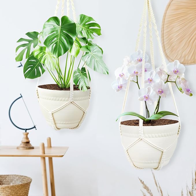 FGSAEOR Plant Basket Indoor Outdoor, Hanging 3-15 inch Pot, Bearing 20lb Planters, Macrame Hanging Planter Holder, 35-Inch Extra Long Strong Boho Home Décor (2-Pack) (Ivory)